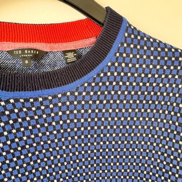 Ted Baker Blue Geometric Checks Wool Blend Crewneck Sweater - Picture 4 of 9